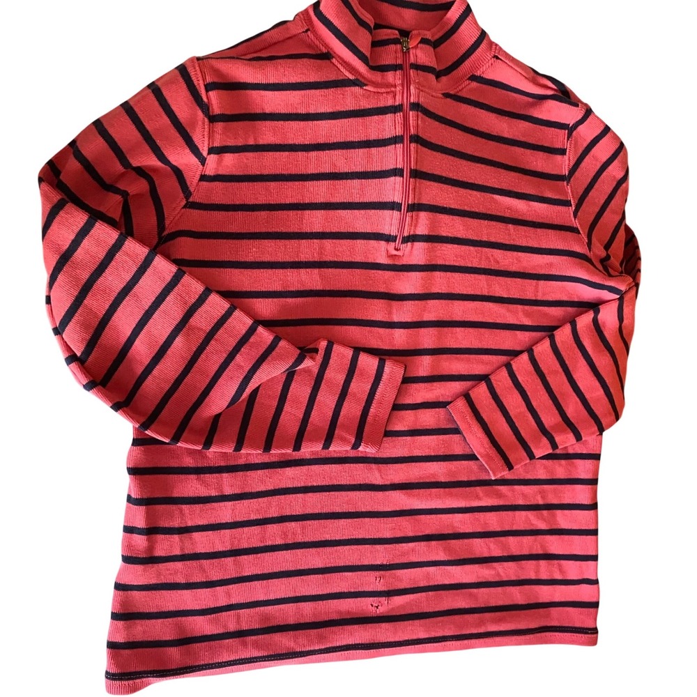 LL Bean Sailor Shirt Pink Blue Striped Cotton Quarter Zip Pullover M FLAW
